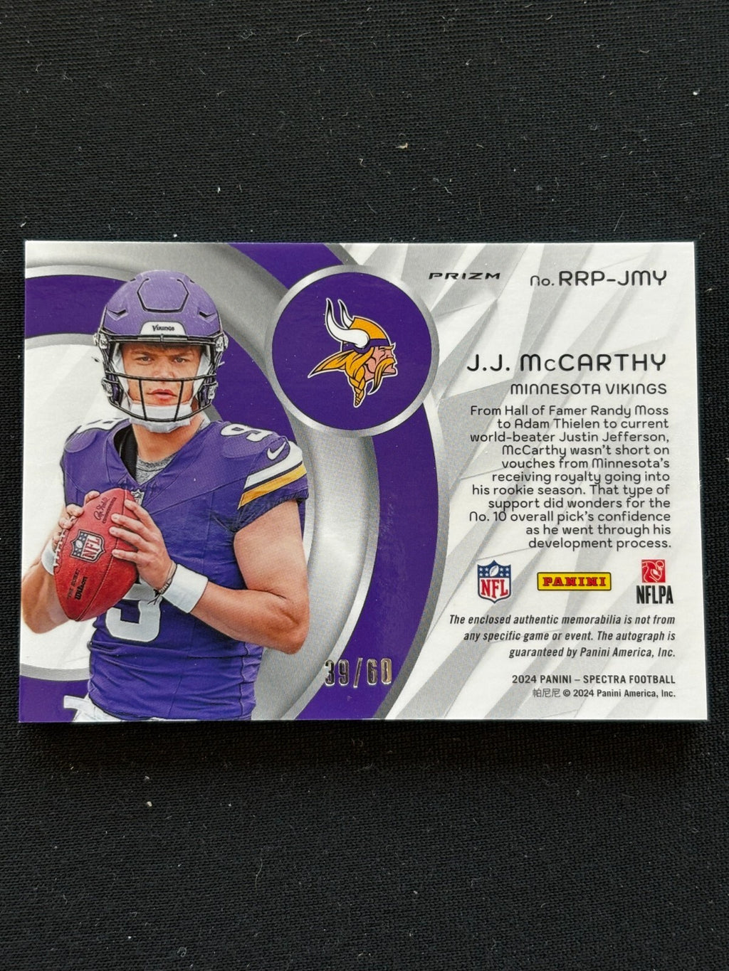 JJ Mccarthy 2024 Spectra Auto Autograph Patch Jersey RC Minnesota Vikings 39/60