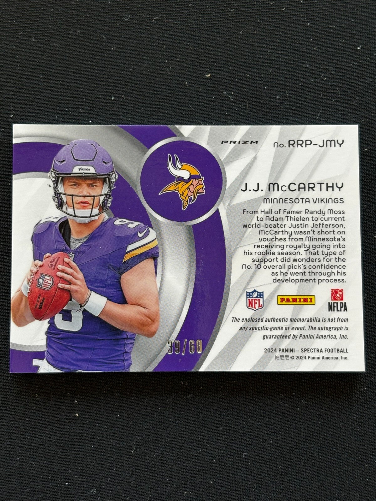 JJ Mccarthy 2024 Spectra Auto Autograph Patch Jersey RC Minnesota Vikings 39/60