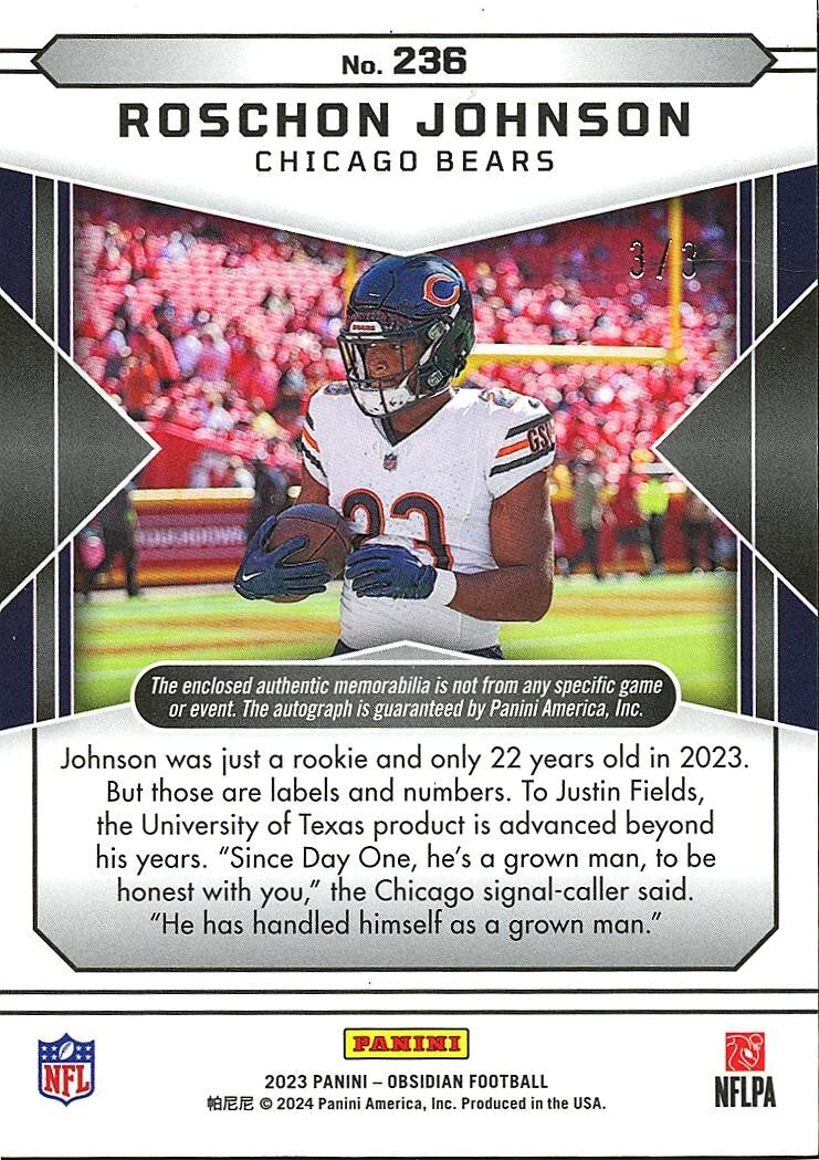 Roschon Johnson 2023 Obsidian Nameplate Patch Auto Autograph SSP RC Bears 3/3