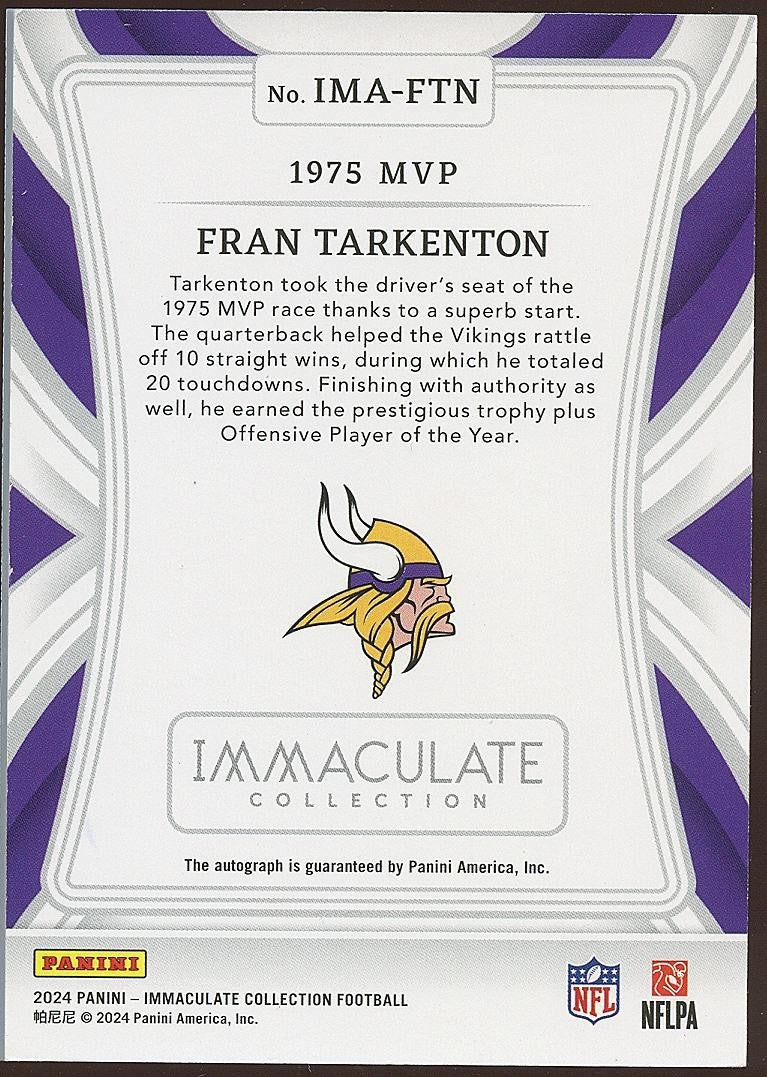 Fran Tarkenton 2024 Immaculate On Card Auto Autograph Minnesota Vikings 27/49