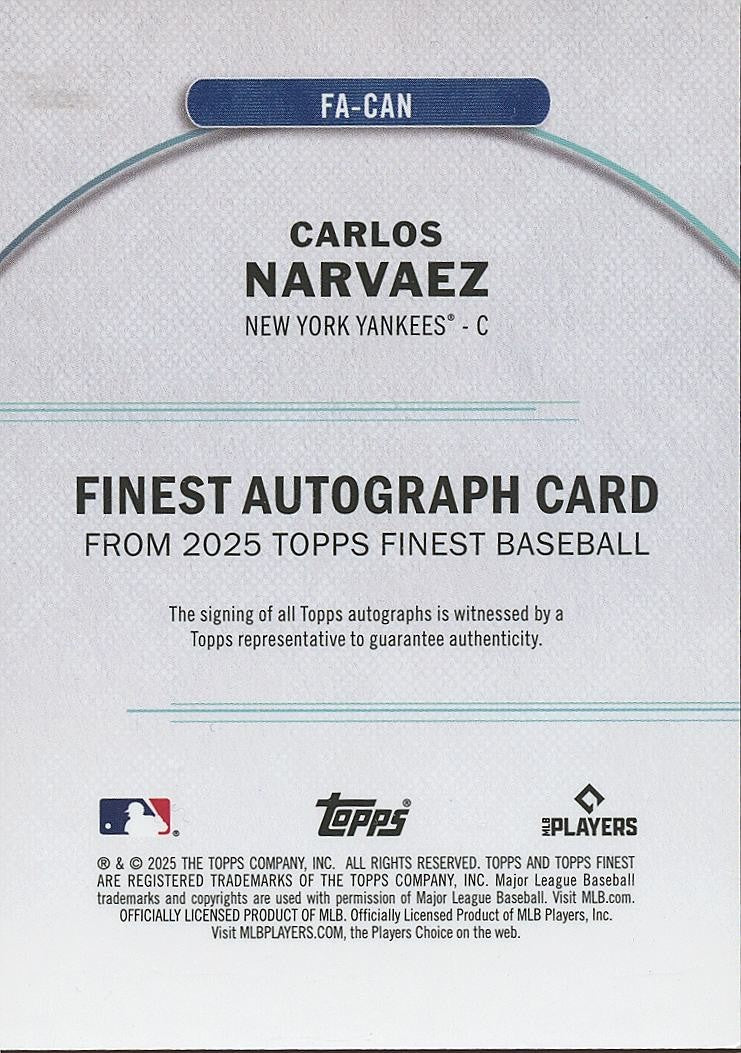 Carlos Narvaez 2025 Topps Finest RED Auto Autograph RC New York Yankees 5/5