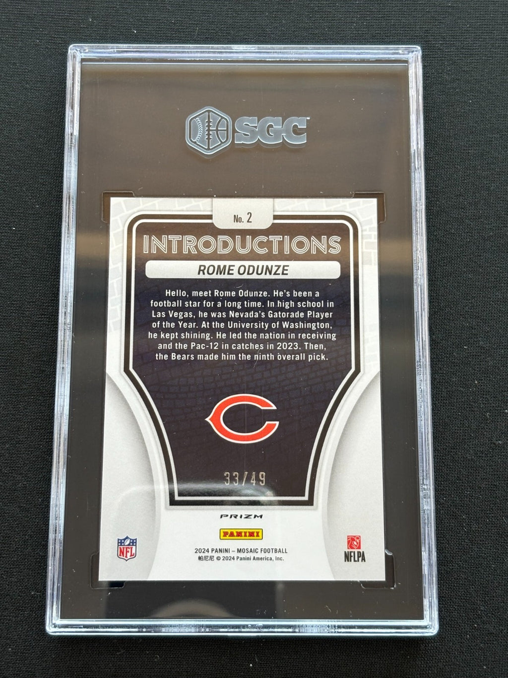 Rome Odunze 2024 Mosaic Introductions Purple Prizm RC Chicago Bears 33/49 SGC 10