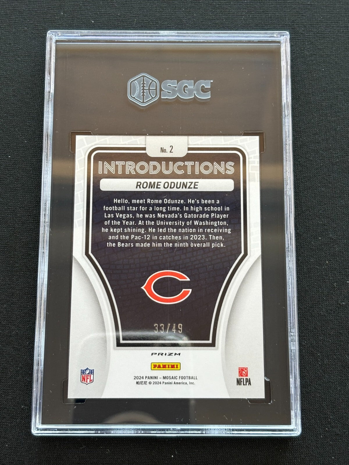 Rome Odunze 2024 Mosaic Introductions Purple Prizm RC Chicago Bears 33/49 SGC 10