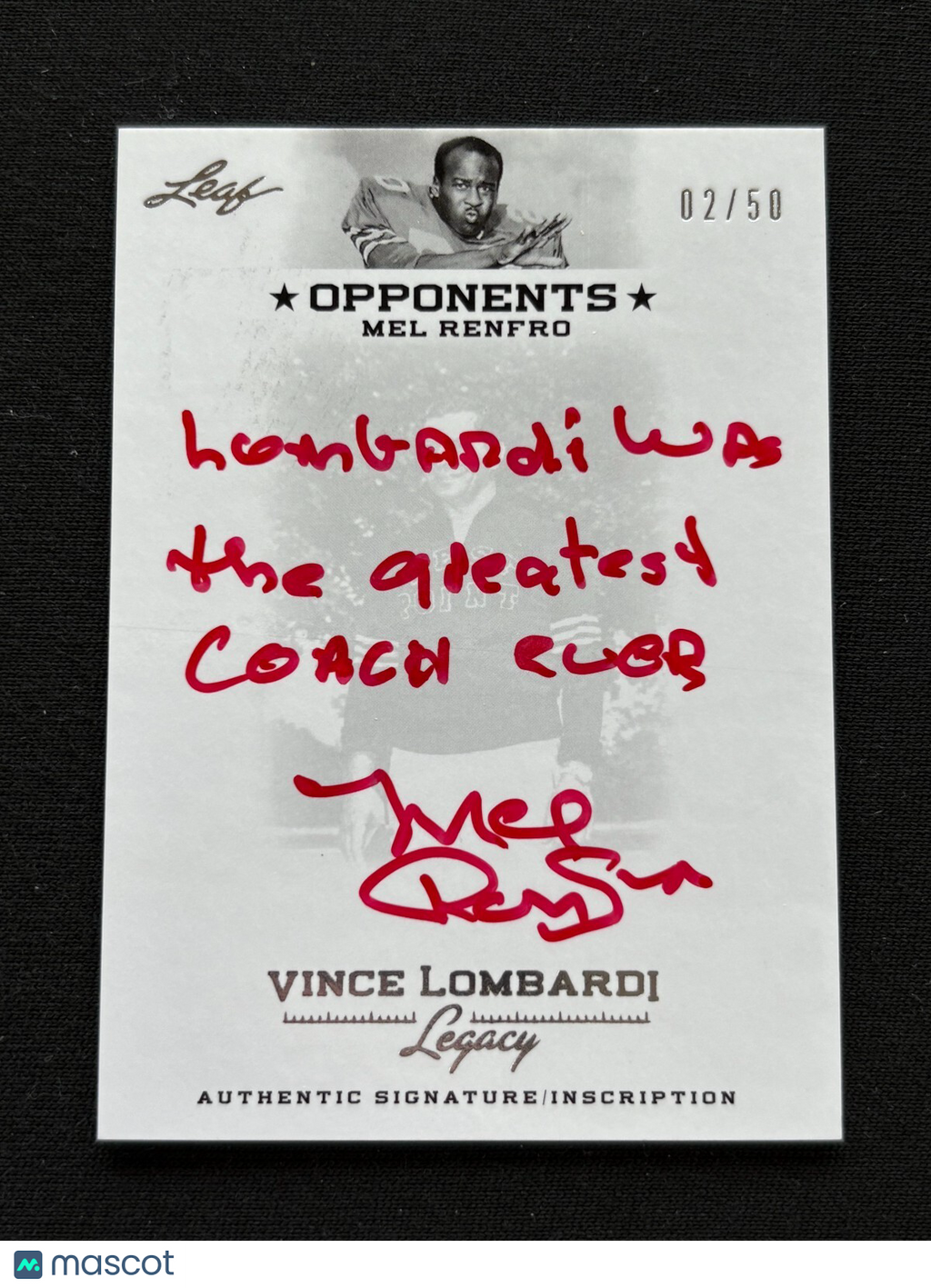 Mel Renfro 2011 Leaf Vince Lombardi Inscription Red Ink Auto Autograph 2/50