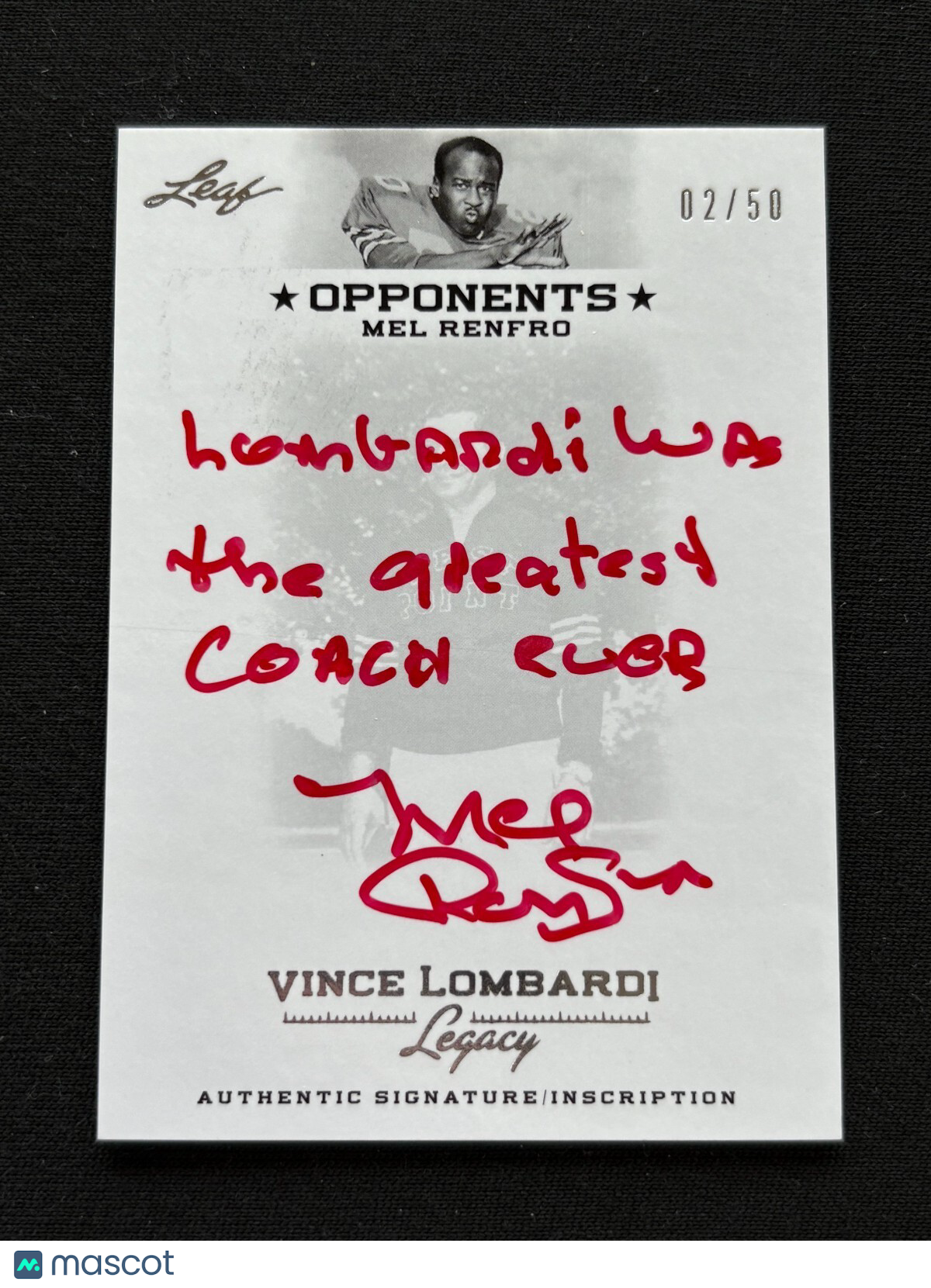 Mel Renfro 2011 Leaf Vince Lombardi Inscription Red Ink Auto Autograph 2/50