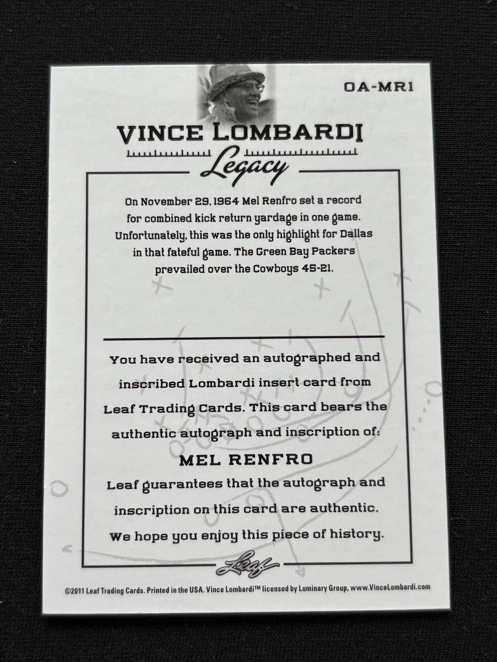 Mel Renfro 2011 Leaf Vince Lombardi Inscription Red Ink Auto Autograph 2/50