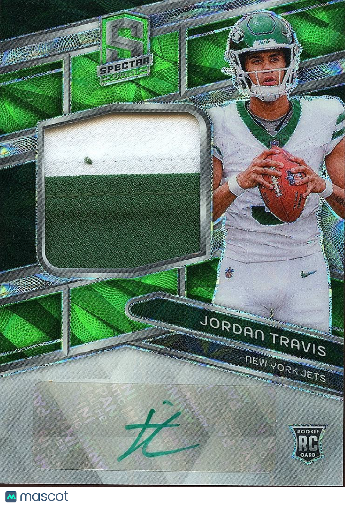 Jordan Travis 2024 Spectra Neon Green Auto Autograph Patch RC NY Jets 19/35