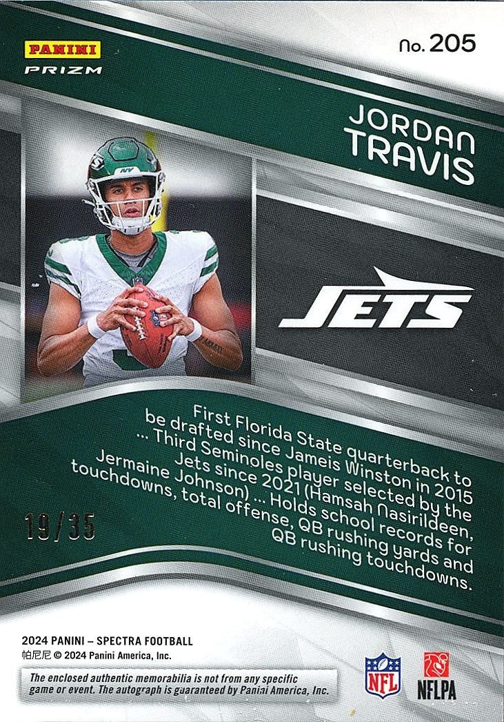 Jordan Travis 2024 Spectra Neon Green Auto Autograph Patch RC NY Jets 19/35