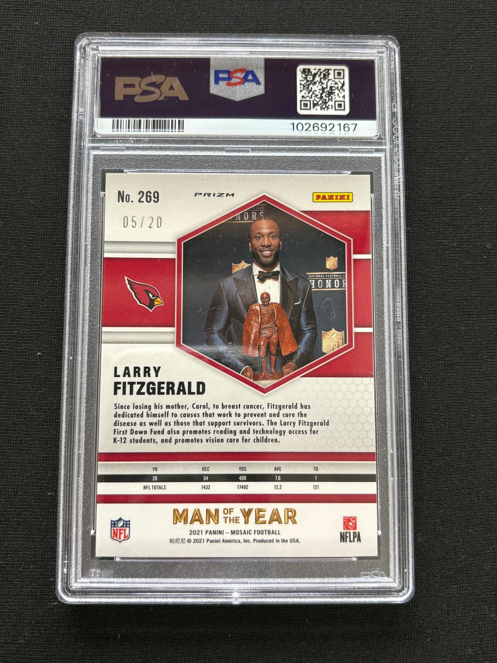 Larry Fitzgerald 2021 Mosaic Man Of The Year Pink Disco 5/20 Cardinals PSA 9
