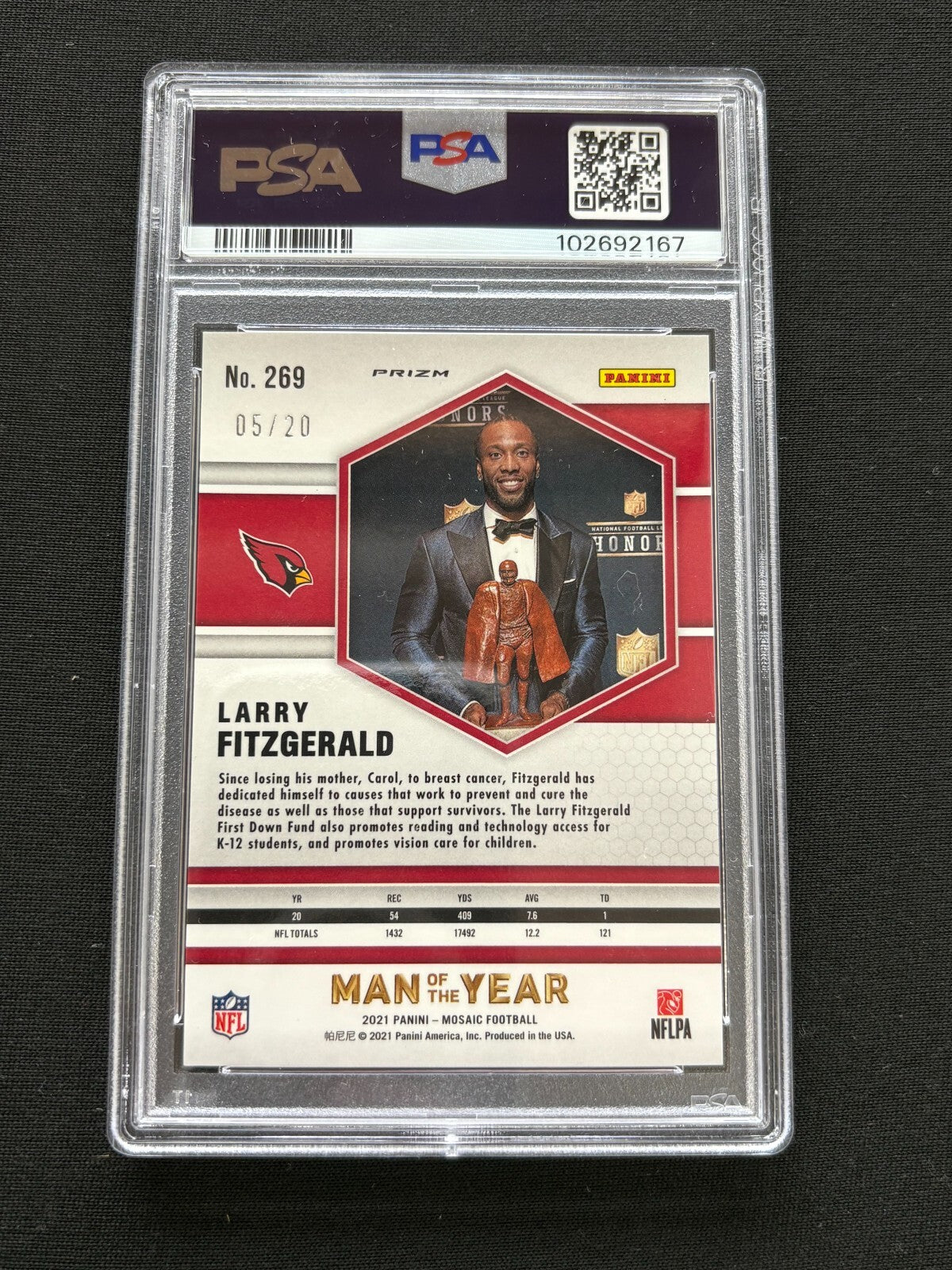 Larry Fitzgerald 2021 Mosaic Man Of The Year Pink Disco 5/20 Cardinals PSA 9