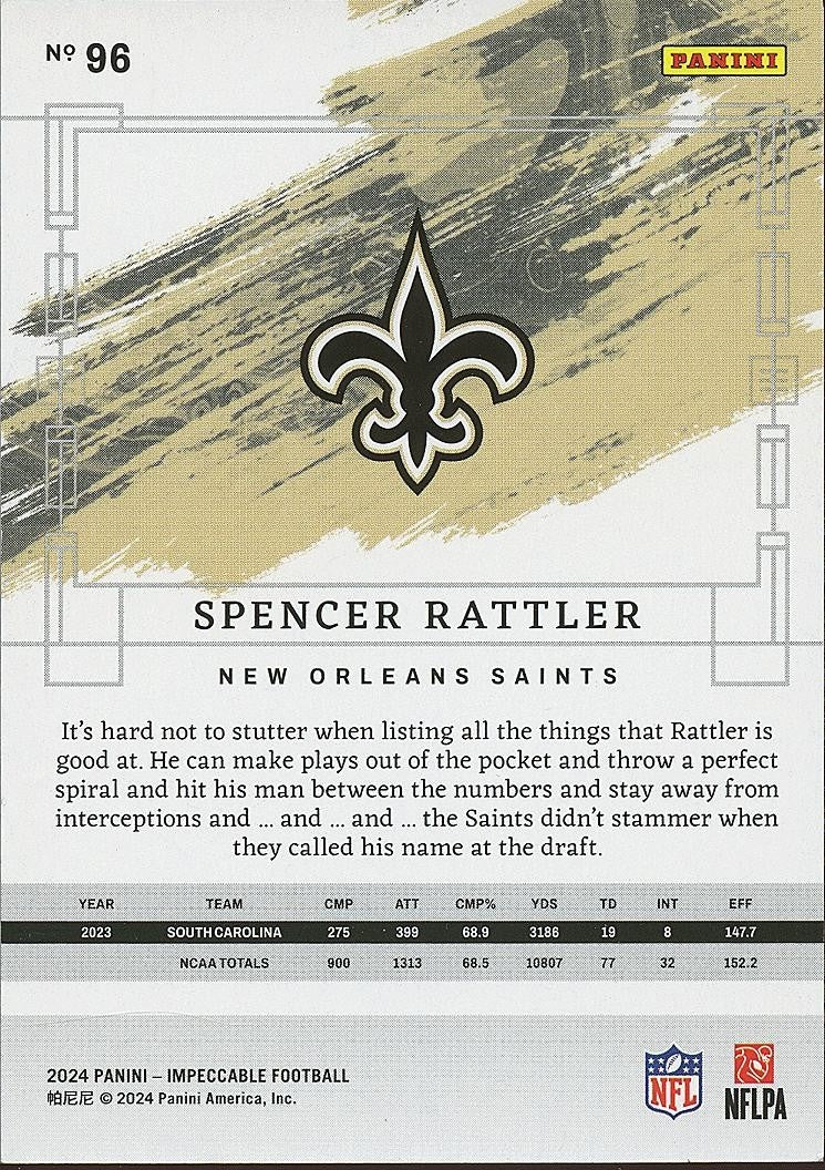 Spencer Rattler 2024 Impeccable GOLD Rookie RC New Orleans Saints #96 5/10