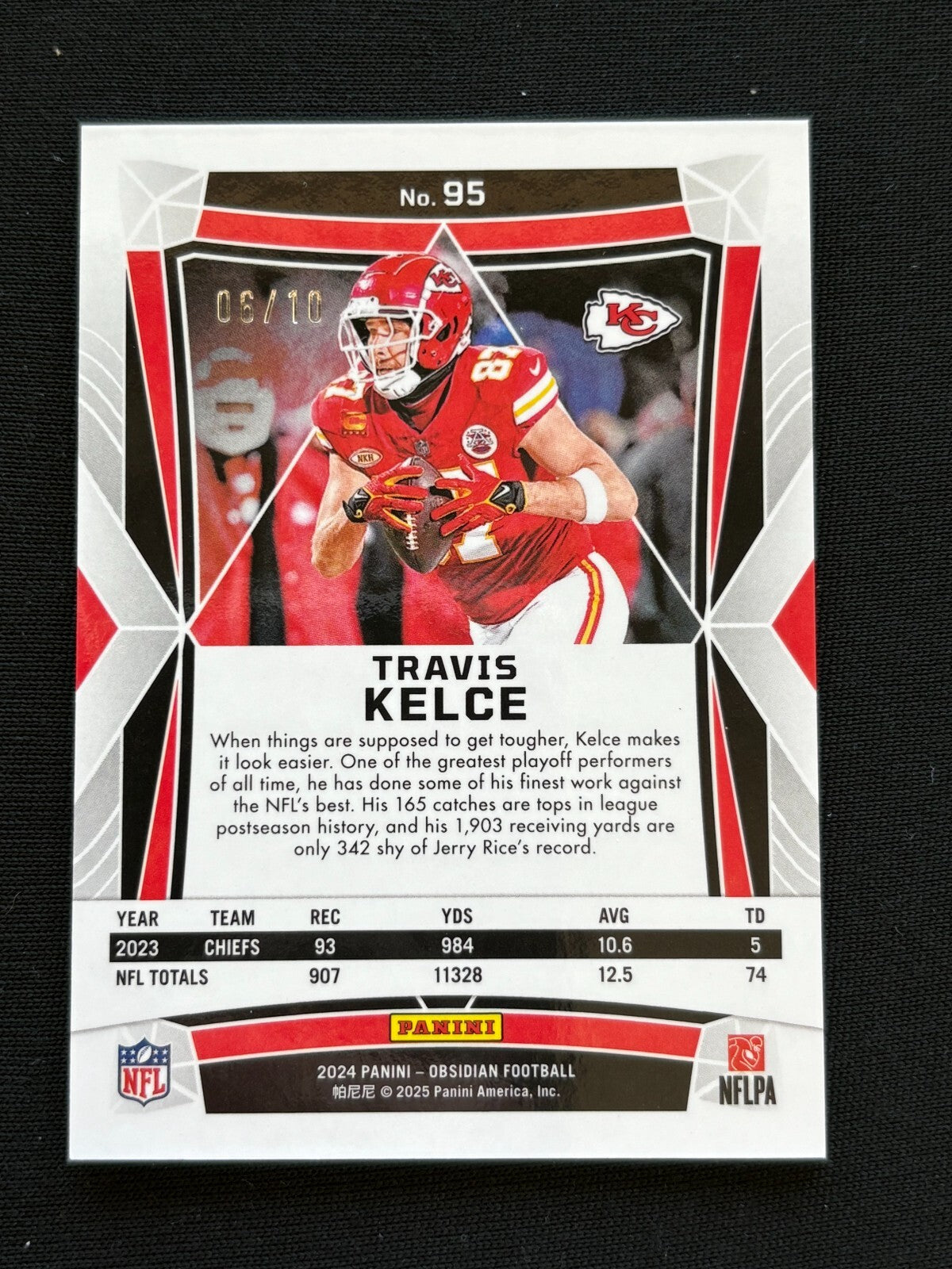 Travis Kelce 2024 Obsidian GOLD Prizm SSP Kansas City Chiefs 6/10 #95
