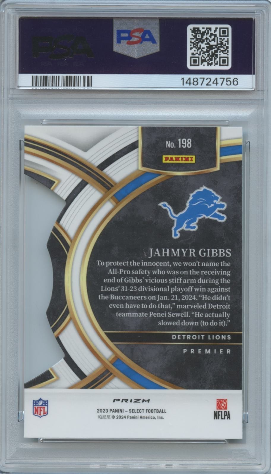Jahmyr Gibbs 2023 Select Zebra Prizm Die-Cut SSP Rookie RC Detroit Lions PSA 10