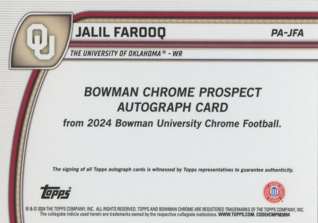 Jalil Farooq 2024 Bowman Chrome BLACK Refractor Auto Autograph OU Sooners 3/10