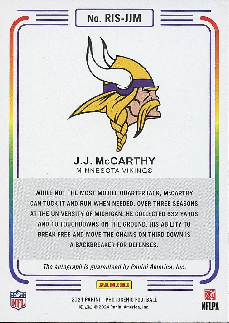 J.J. Mccarthy 2024 Photogenic Auto Autograph RC Rookie Minnesota Vikings 4/49