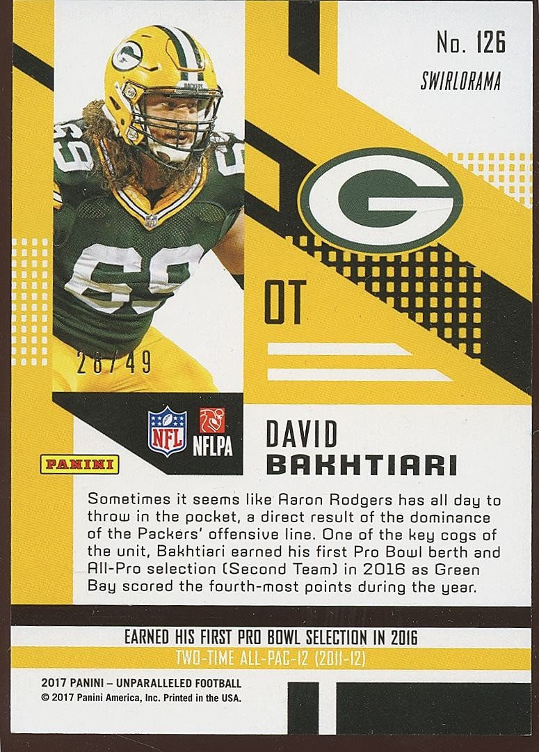 David Bakhtiari 2017 Unparalleled Orange Rookie RC Green Bay Packers 28/49 #126