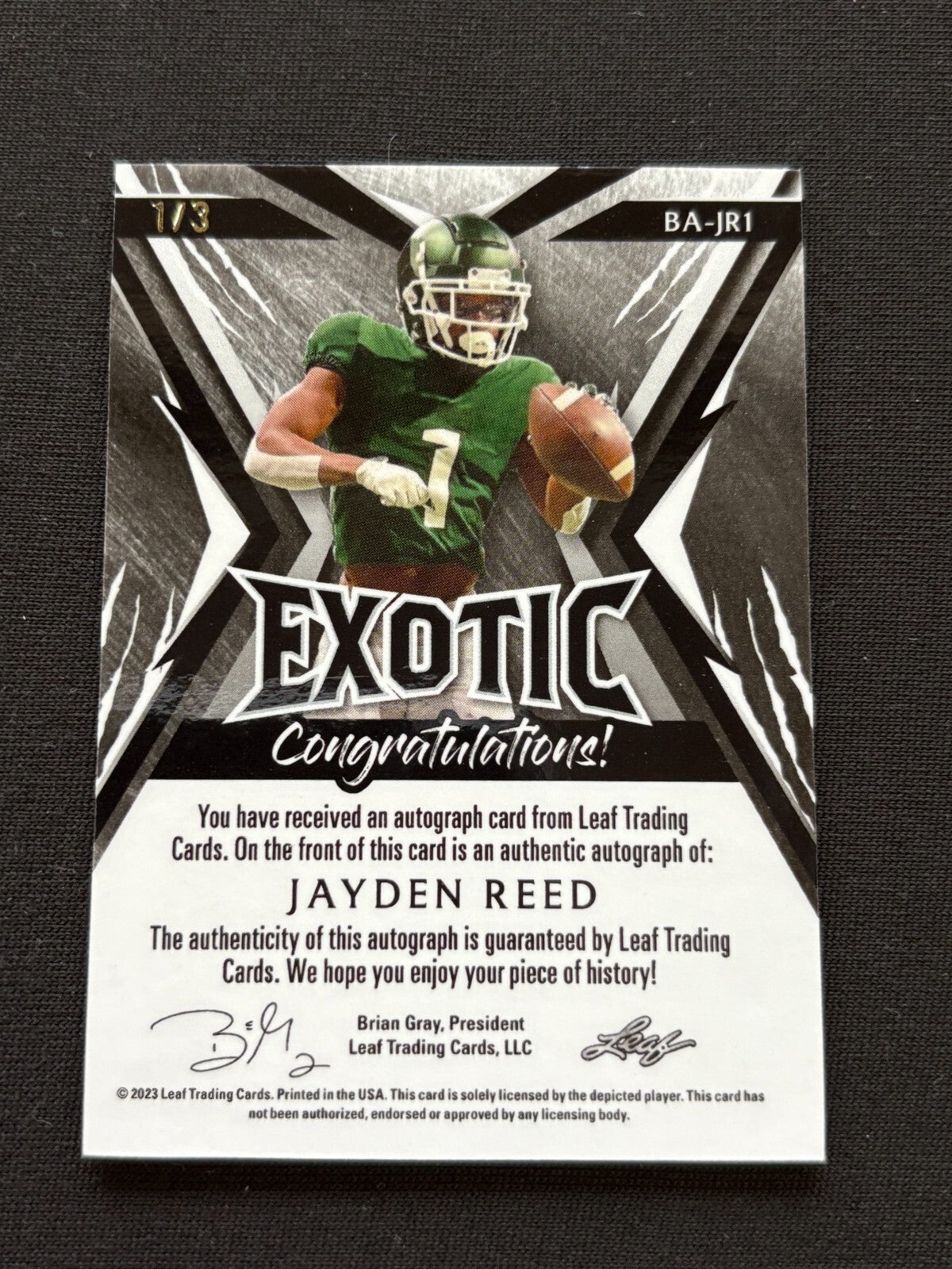 Jayden Reed 2023 Leaf Exotic Auto Autograph JERSEY NUMBER RC Michigan State 1/3