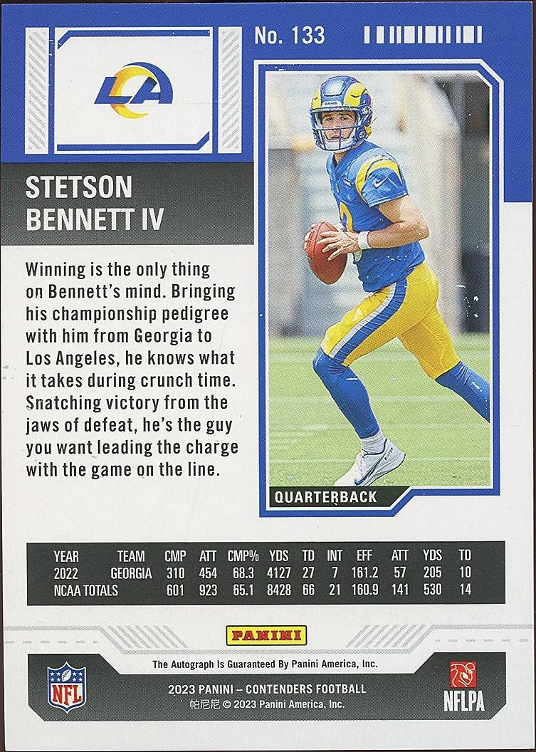 Stetson Bennett IV 2023 Contenders Auto Autograph RC Los Angeles Rams 36/99