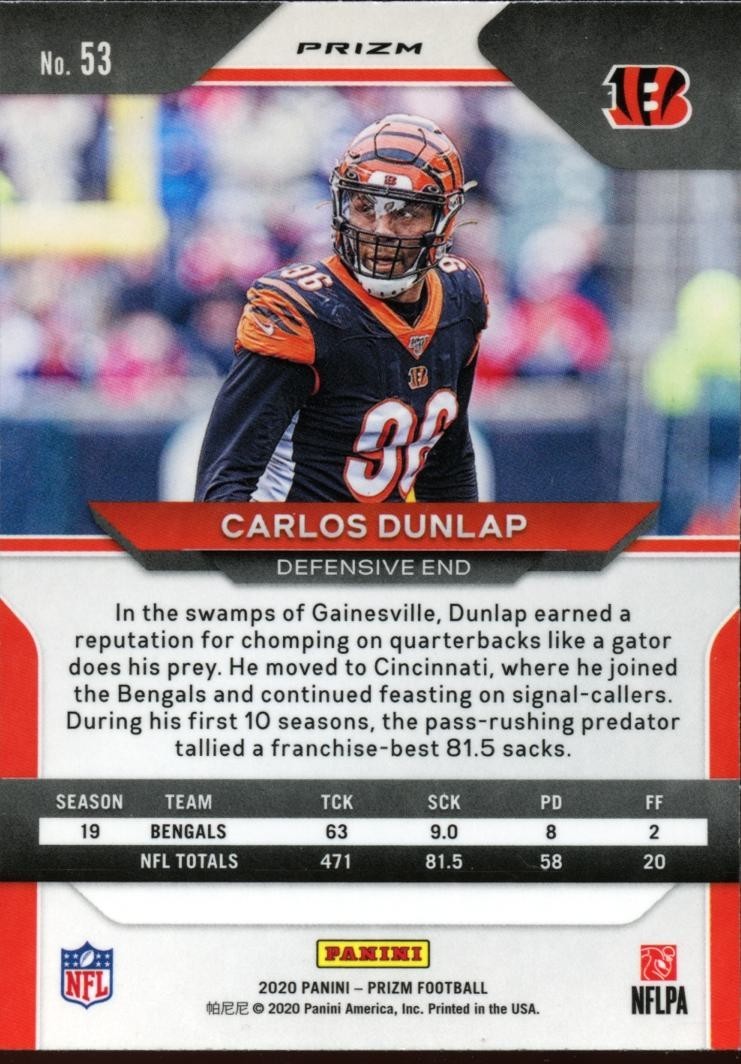 Carlos Dunlap 2020 Prizm Retail Blue Prizm Shortprint SSP Cincinnati Bengals #53