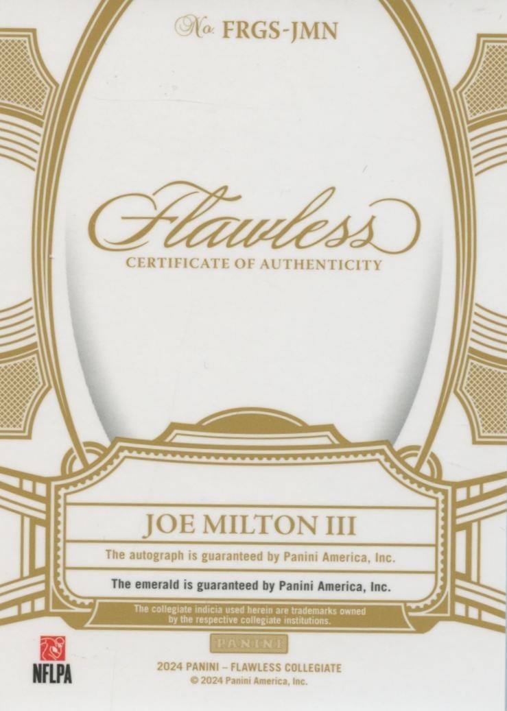 Joe Milton III 2024 Flawless Emerald Gem Auto Autograph RC Tennessee 1/5