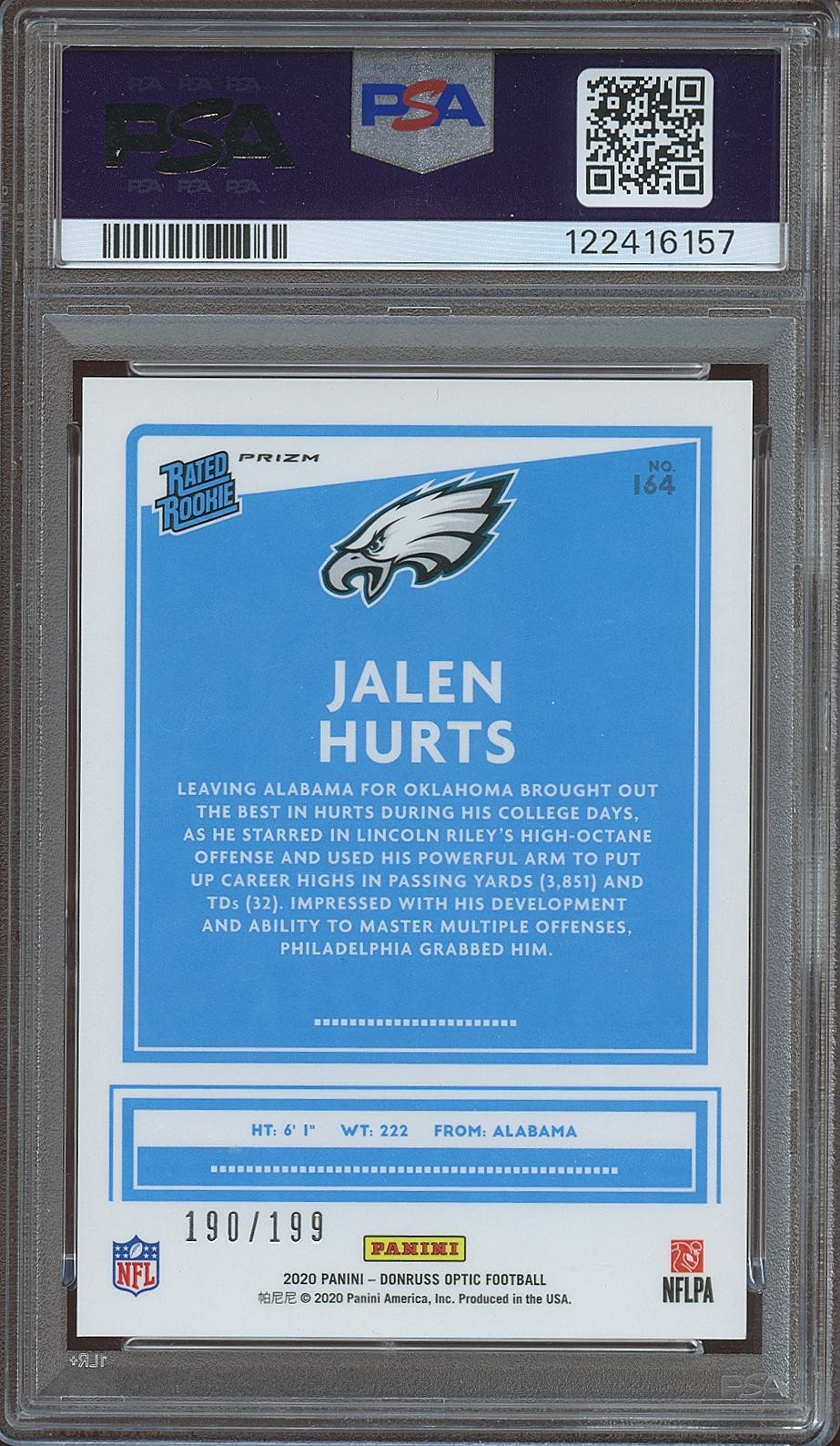 Jalen Hurts 2020 Optic Rated Rookie Wave Prizm RC Eagles 190/199 #164 PSA 9