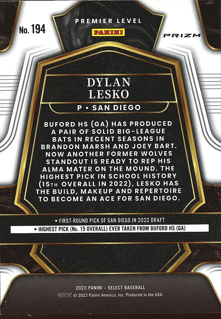 Dylan Lesko 2023 Select Premier Tiger Prizm SSP CASE HIT RC San Diego Padres