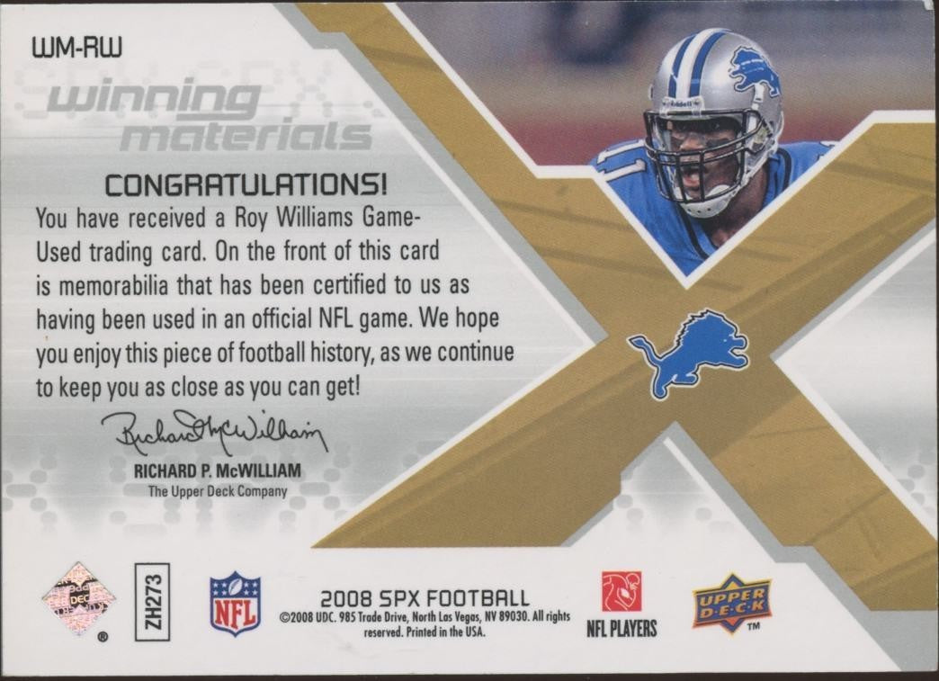 Roy Williams 2008 SPx Game Worn Nameplate Patch Detroit Lions Longhorns 15/25