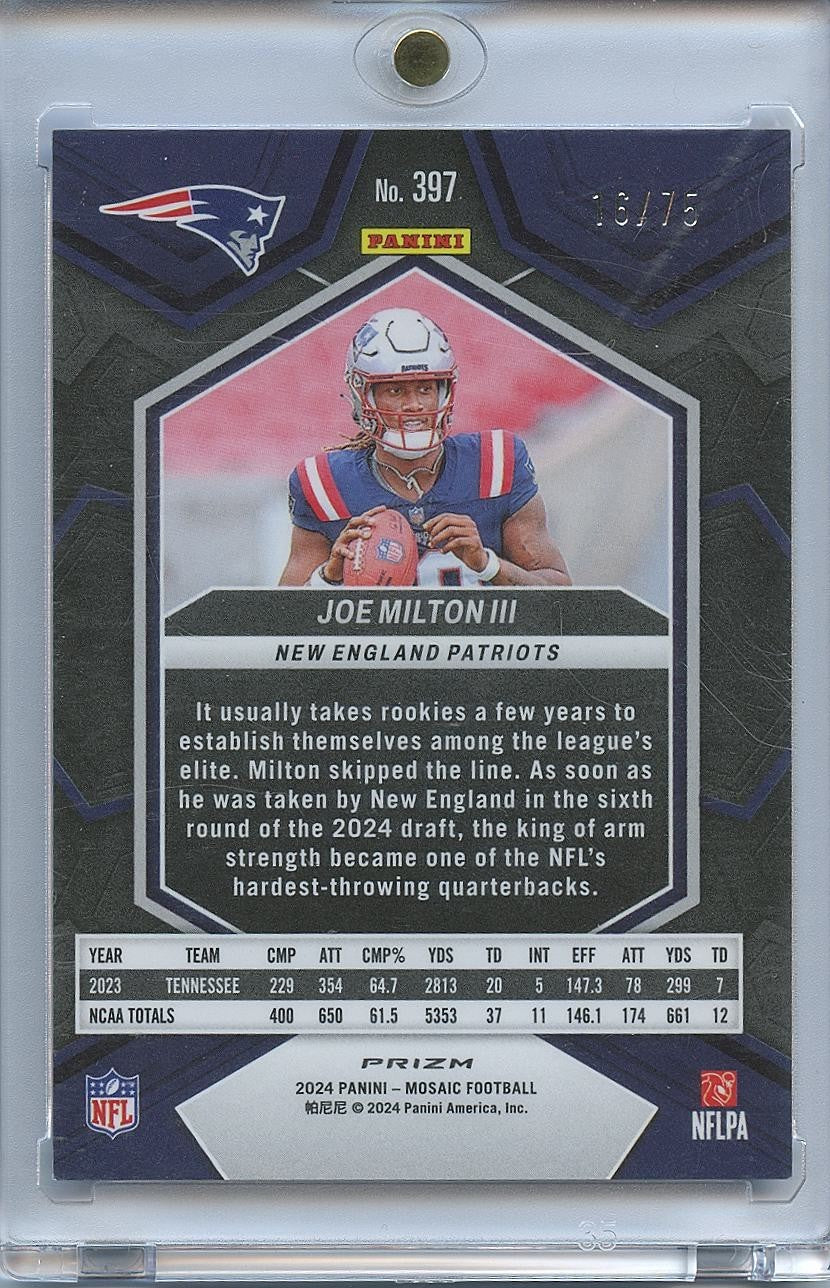 Joe Milton III 2024 Mosaic No Huddle Blue Dicsco Prizm Rookie RC Patriots 16/75