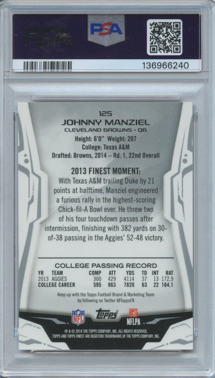 Johnny Manziel 2014 Topps Finest RED Refractor Rookie RC Browns 50/50 PSA 9