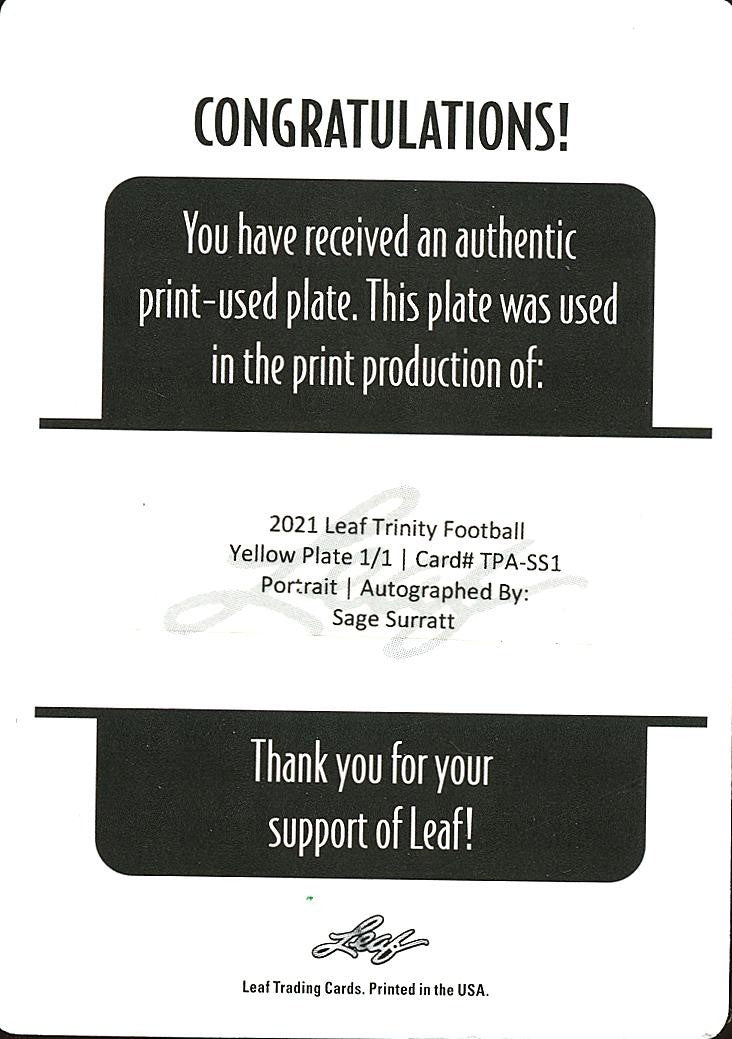 Sage Surratt 2021 Leaf Trinity Auto Autograph Printing Plate RC Lions 1/1