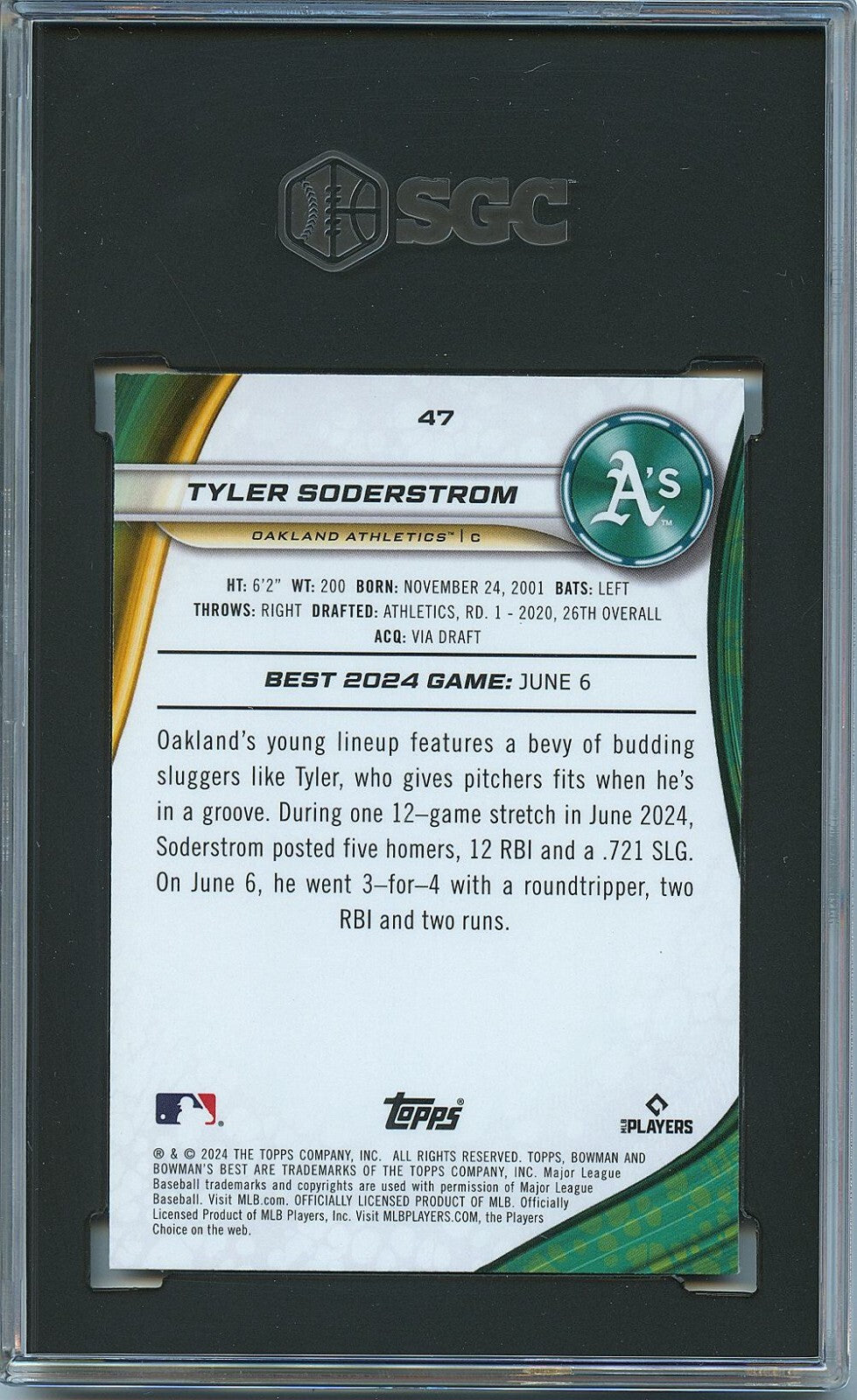 Tyler Soderstrom 2024 Bowman's Best GOLD Refractor RC Rookie A's 40/50 SGC 10