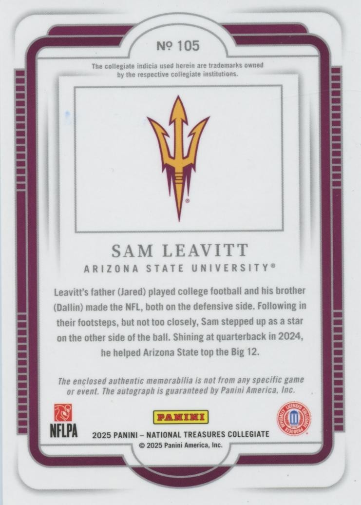 Sam Leavitt 2025 National Treasures Auto Autograph Patch RC Arizona State 47/49