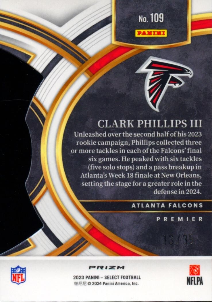 Clark Phillips III 2023 Select Blue Orange Prizm Rookie RC Atlanta Falcons 13/35