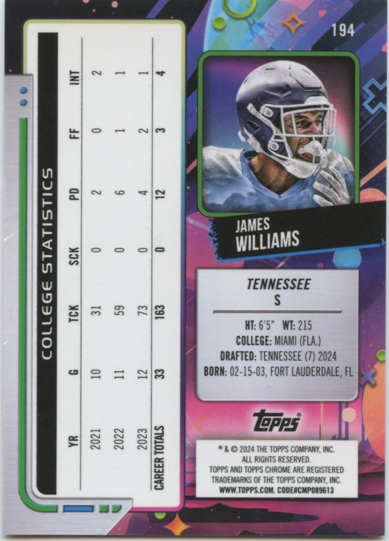 James Williams 2024 Topps Chrome Cosmic SUPERFRACTOR 1/1 Rookie RC Titans