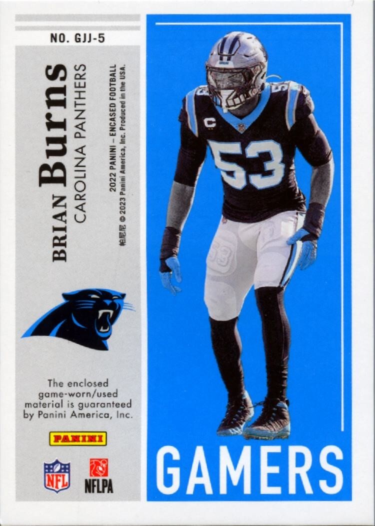 Brian Burns 2022 Encased Game Worn 3 Color Patch Carolina Panthers 10/25