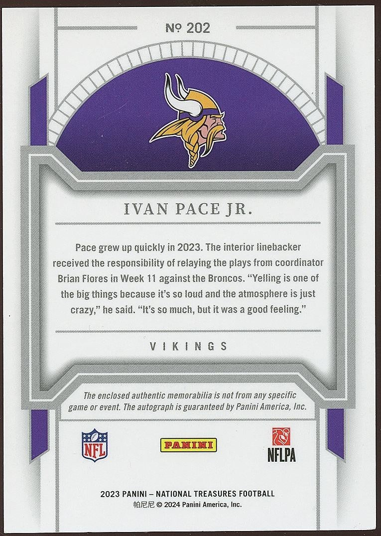 Ivan Pace Jr. 2023 National Treasures Auto Autograph Patch RC Vikings 24/25 #202