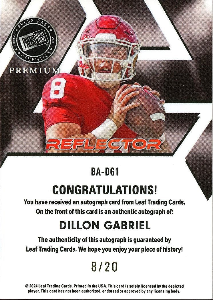 Dillon Gabriel 2024 Press Pass Auto Autograph JERSEY NUMBER Sooners 8/20