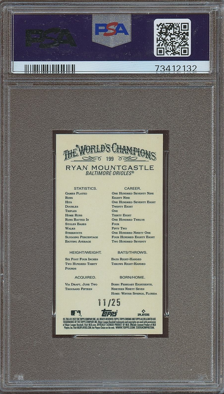 Ryan Mountcastle 2022 Allen & Ginter Orange Refractor Mini Orioles 11/25 PSA 10
