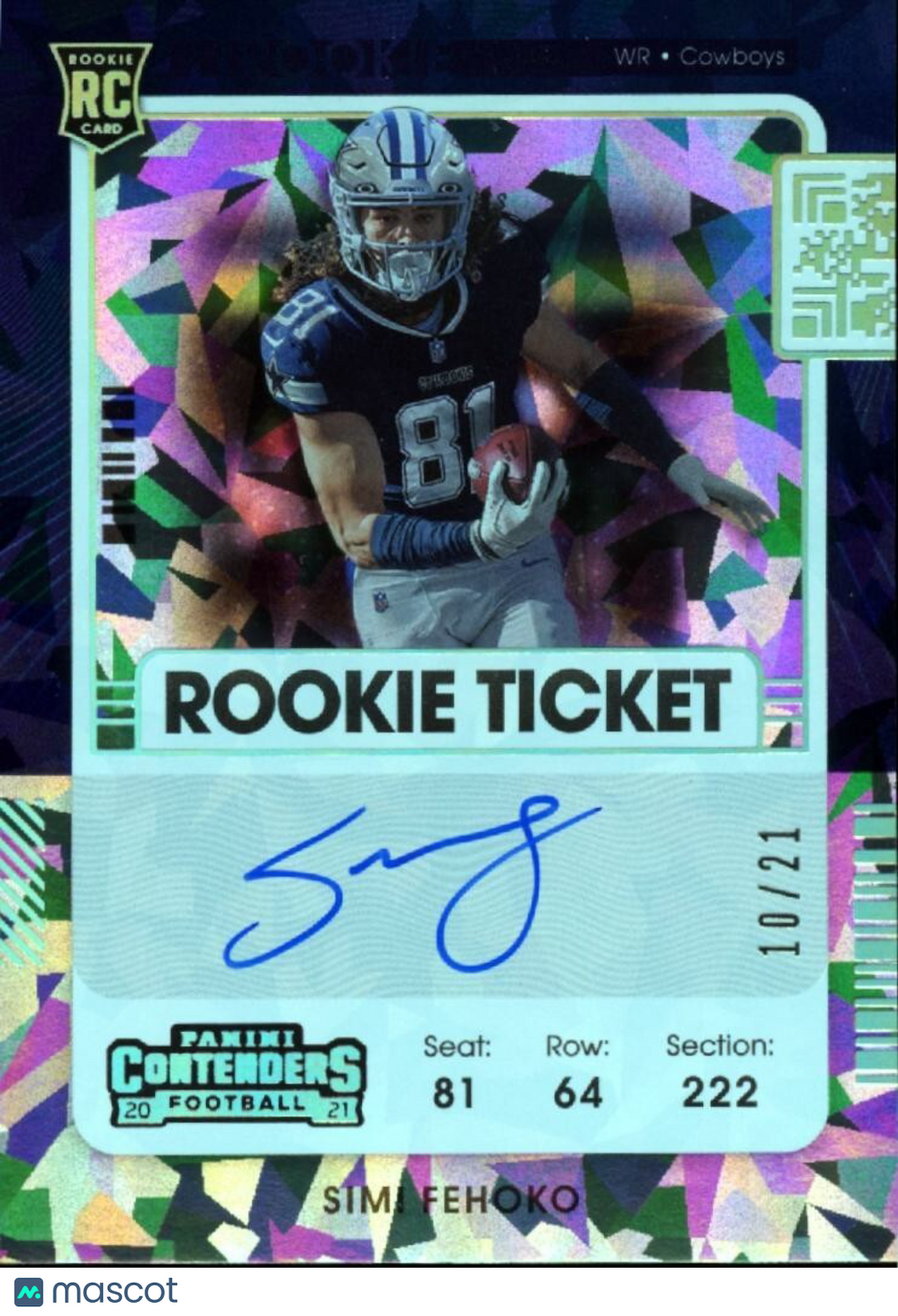 Simi Fehoko 2021 Contenders Auto Autograph Cracked Ice RC Dallas Cowboys 10/21