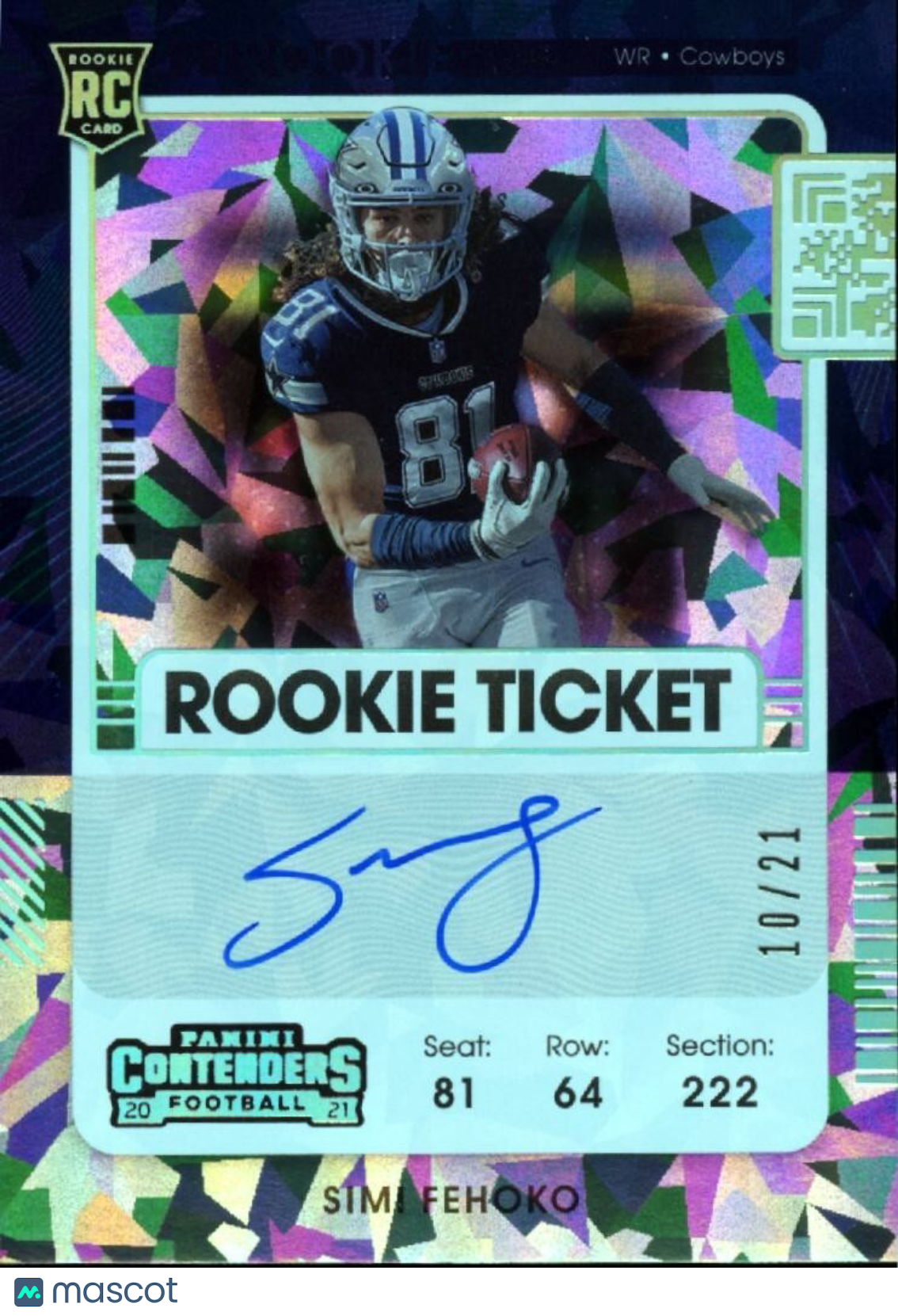 Simi Fehoko 2021 Contenders Auto Autograph Cracked Ice RC Dallas Cowboys 10/21