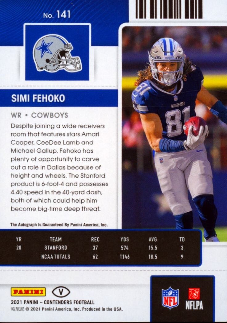 Simi Fehoko 2021 Contenders Auto Autograph Cracked Ice RC Dallas Cowboys 10/21