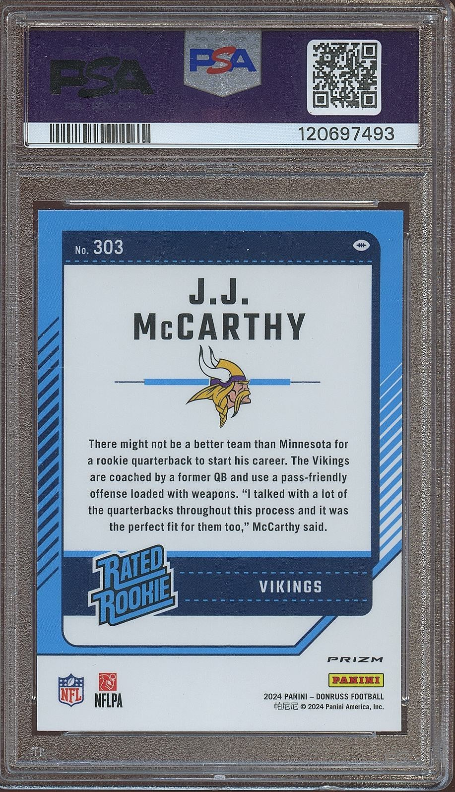 JJ Mccarthy 2024 Optic Rated Rookie Holo Prizm RC Minnesota Vikings #303 PSA 9