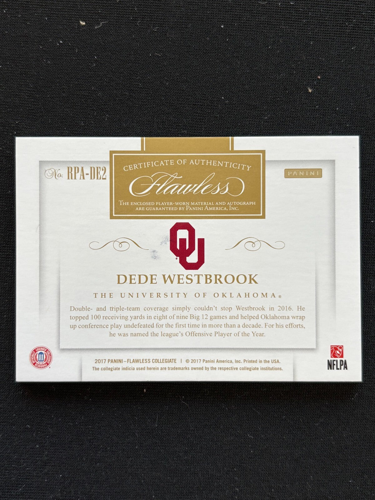 Dede Westbrook 2017 Flawless Red Auto Autograph Patch RC Oklahoma Sooners 20/20