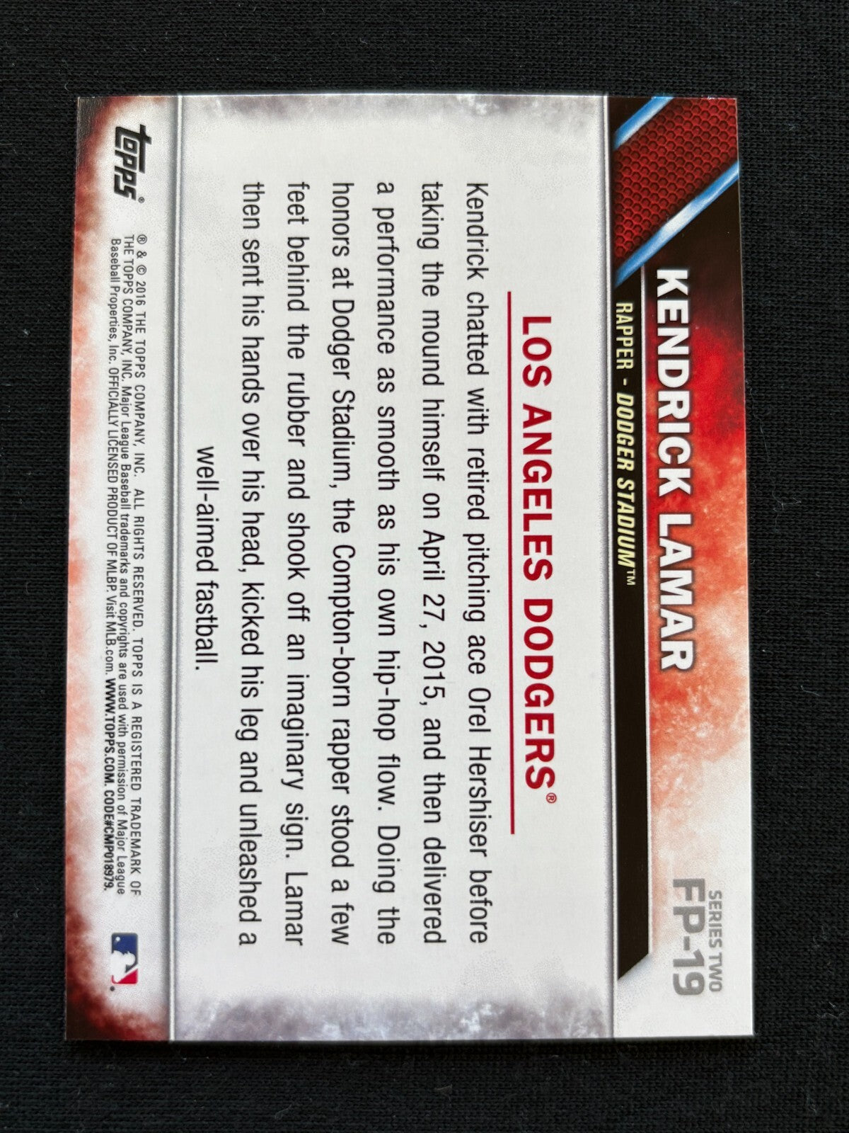 Kendrick Lamar 2016 Topps First Pitch Rookie RC Los Angeles Dodgers Rapper #19