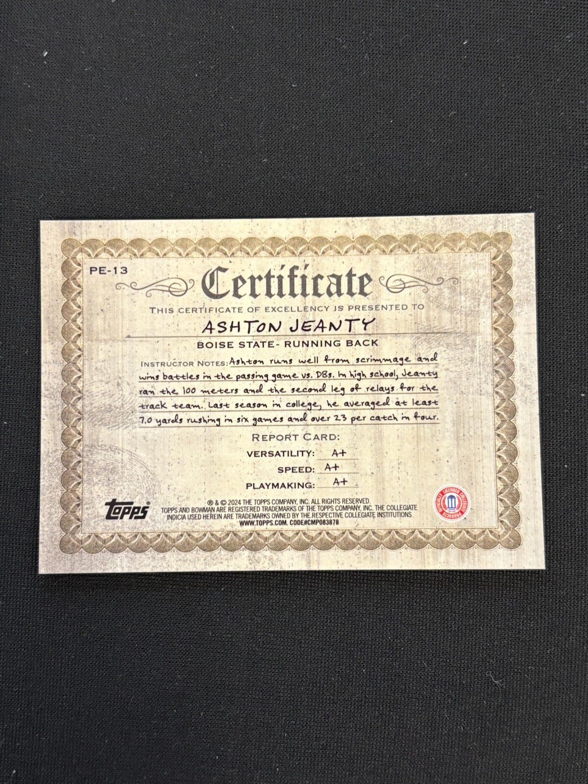 Ashton Jeanty 2024 Bowman Chrome Physical Education CASE HIT SSP Boise State