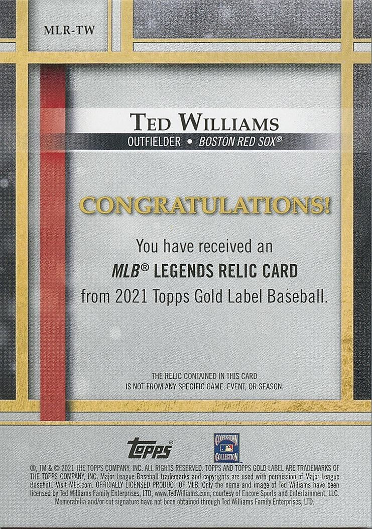 Ted Williams 2021 Topps Gold Label Game Used Bat Relic Boston Red Sox 3/50