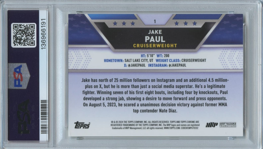 Jake Paul 2024 Topps Chrome Boxing GOLD Refractor Rookie RC 42/50 PSA 9