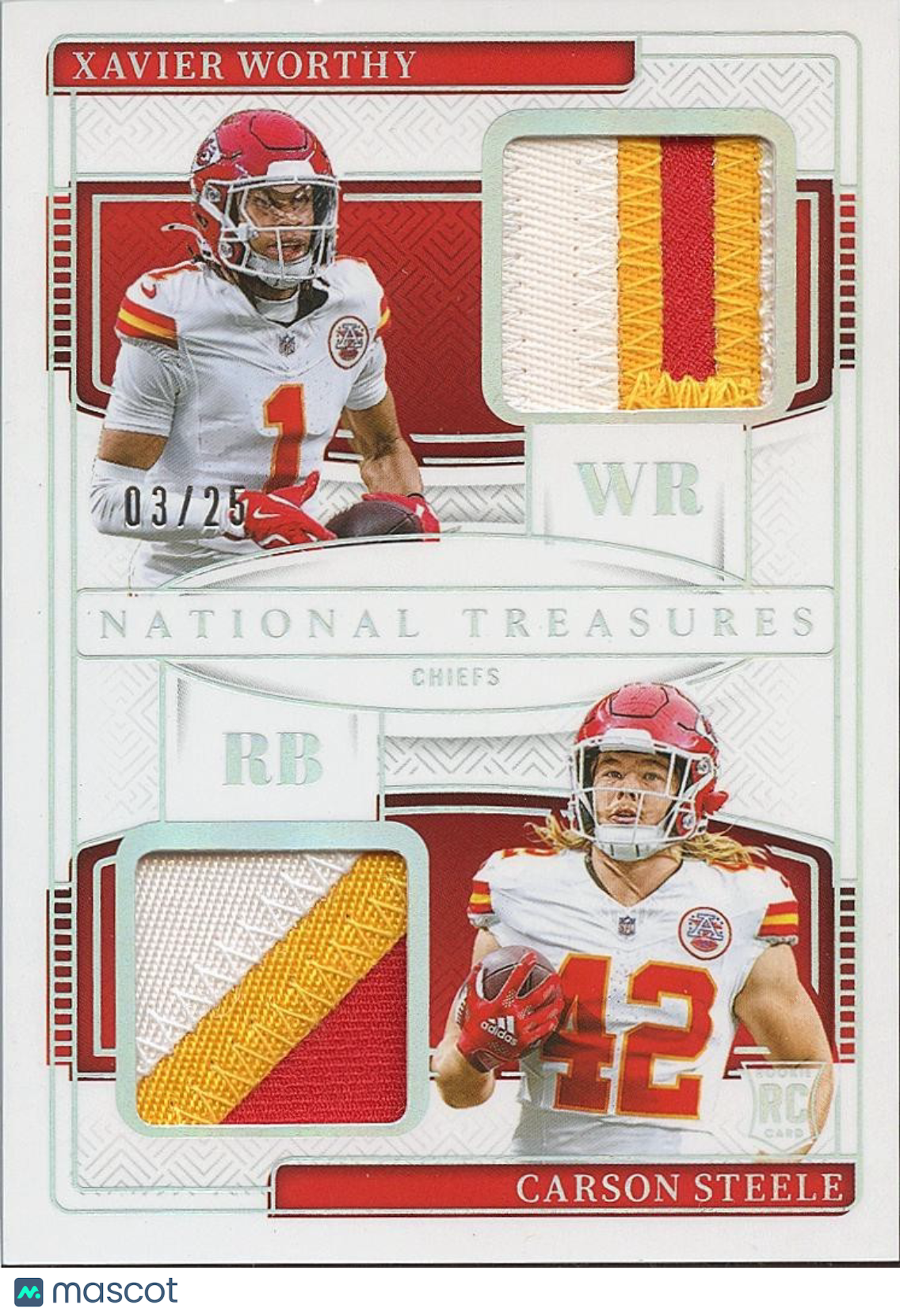 Xavier Worthy / Carson Steele 2024 National Treasures Patch RC KC Chiefs 3/25