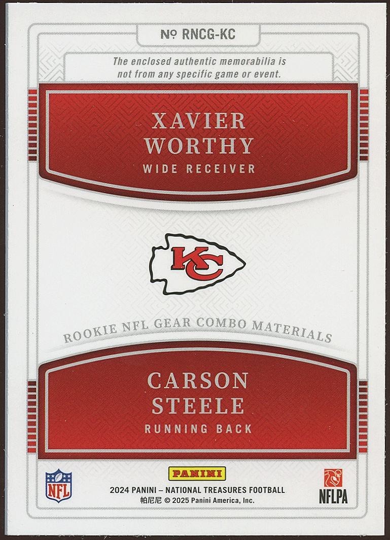 Xavier Worthy / Carson Steele 2024 National Treasures Patch RC KC Chiefs 3/25