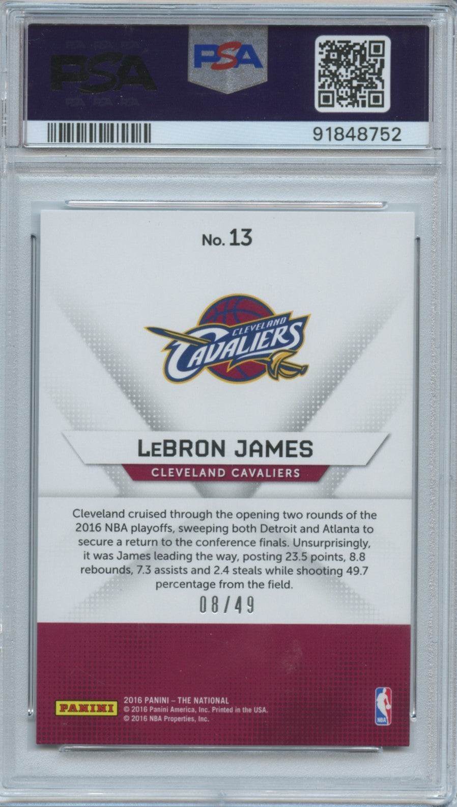 Lebron James 2016 Panini The National Hyper Foil Cleveland Cavaliers 8/49 PSA 9